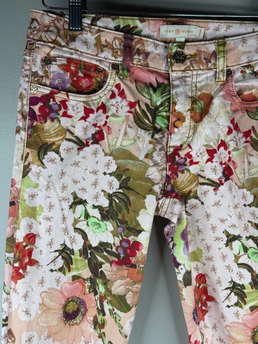 Tory Burch Pink Floral Print Jeans Super Skinny Size 27 - Picture 3 of 4